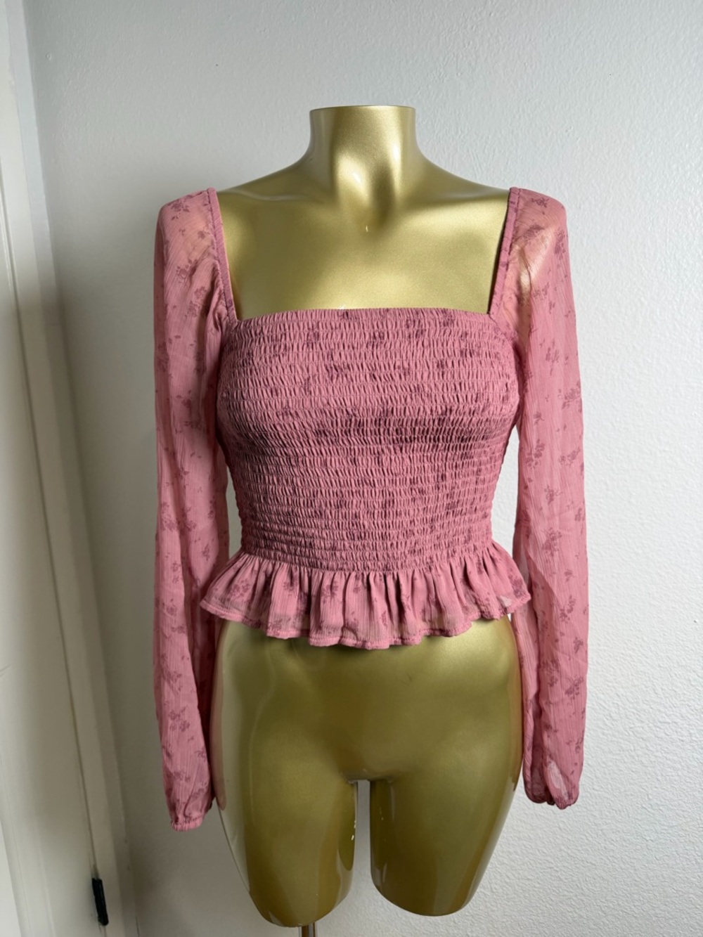 Hollister Dusty Rose Smocked Square-Neck Peplum Top XS